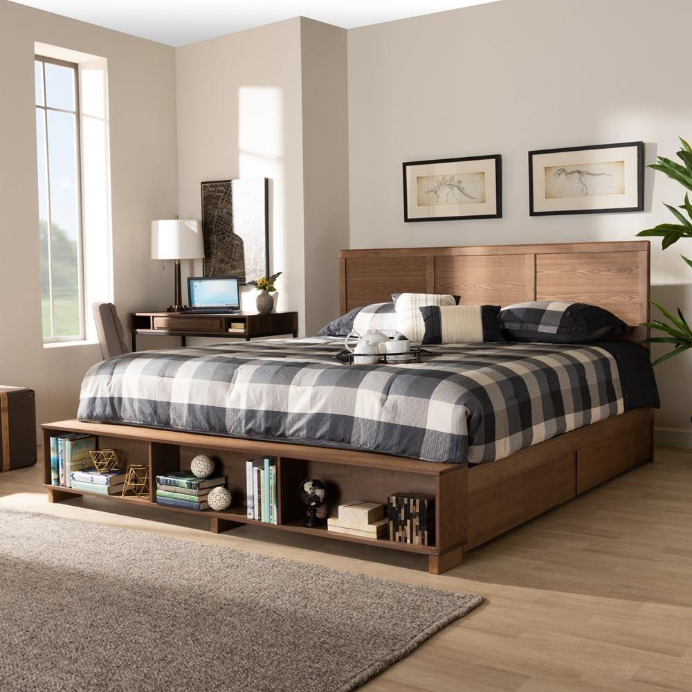 Tamsin Modern Transitional Ash Walnut Brown Finished Wood King Size 4-Drawer Platform Storage Bed with Built-In Shelves FredCo