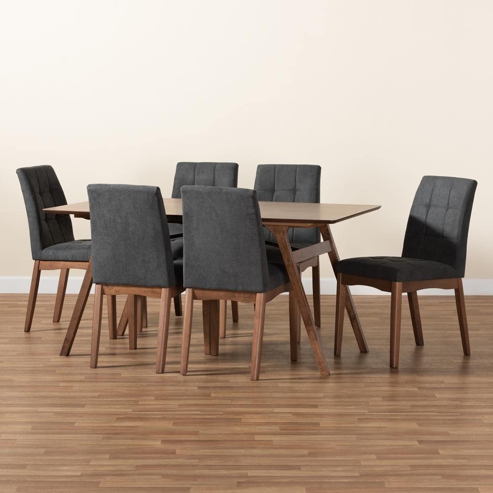 Tara Mid-Century Modern Dark Grey Fabric Upholstered and Walnut Brown Finished Wood 7-Piece Dining Set FredCo