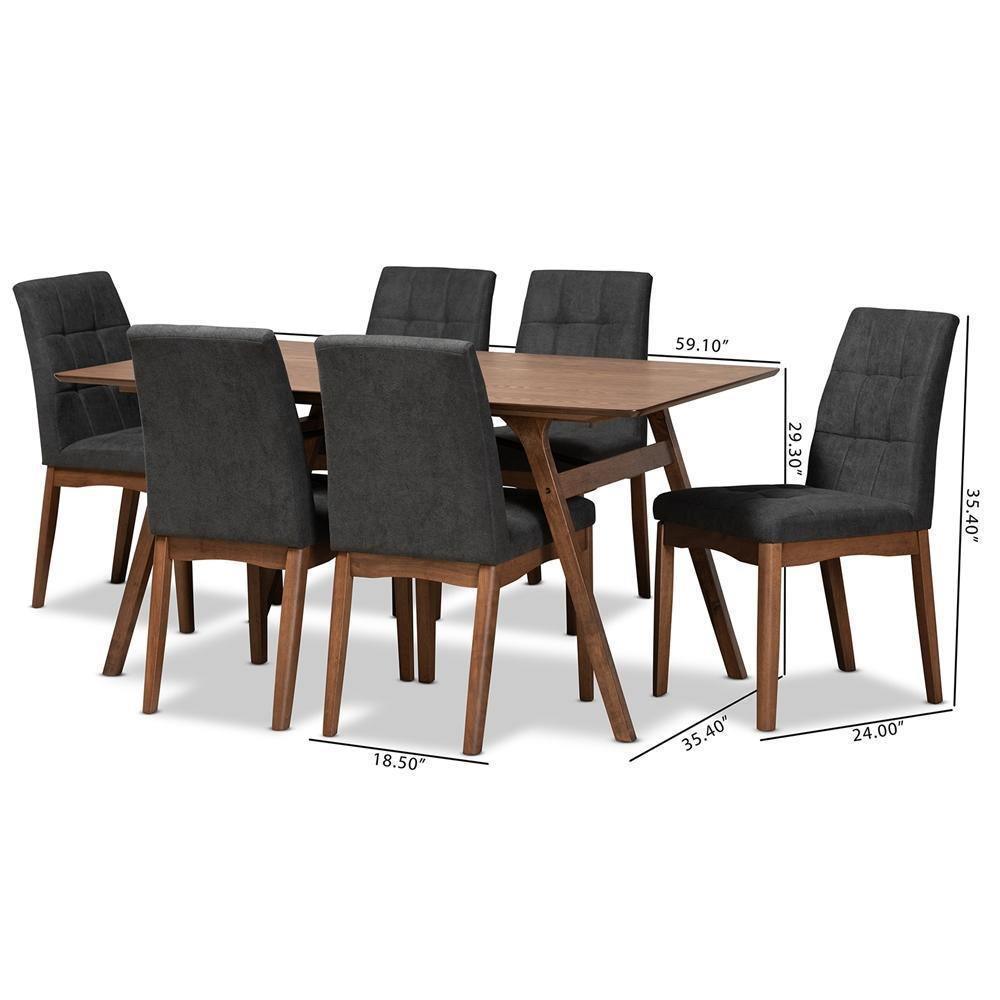 Tara Mid-Century Modern Dark Grey Fabric Upholstered and Walnut Brown Finished Wood 7-Piece Dining Set FredCo