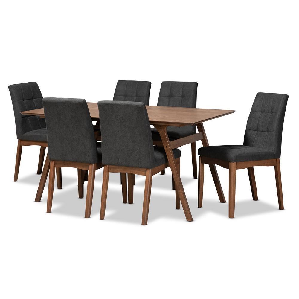 Tara Mid-Century Modern Dark Grey Fabric Upholstered and Walnut Brown Finished Wood 7-Piece Dining Set FredCo