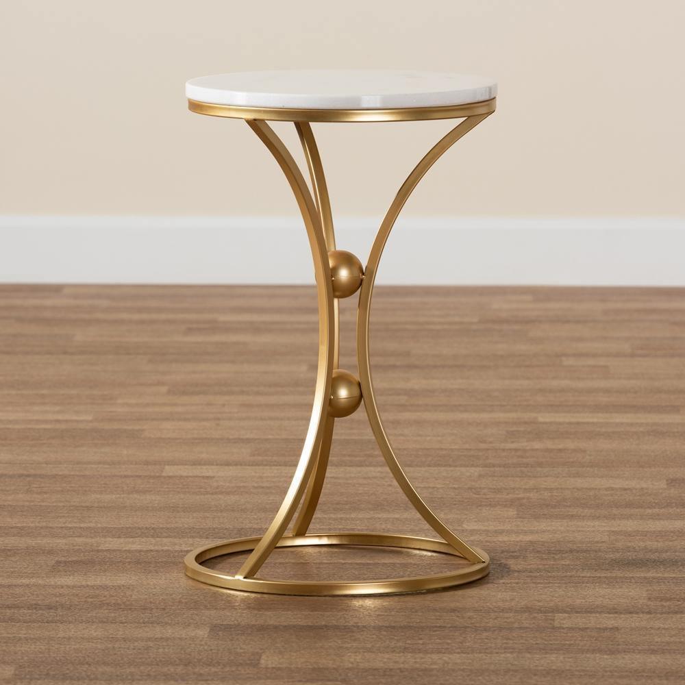 Tarmon Modern and Contemporary Gold Finished Metal End Table with Marble Tabletop FredCo