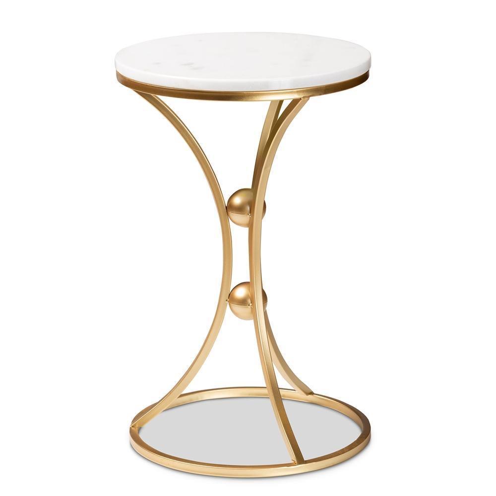 Tarmon Modern and Contemporary Gold Finished Metal End Table with Marble Tabletop FredCo