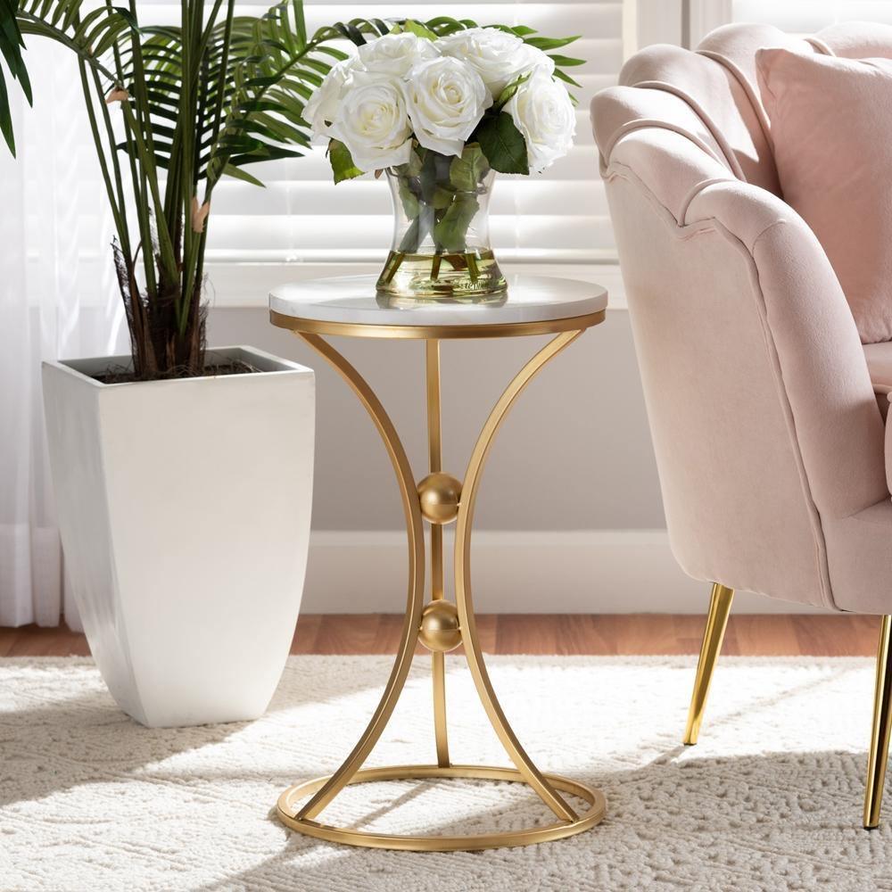 Tarmon Modern and Contemporary Gold Finished Metal End Table with Marble Tabletop FredCo