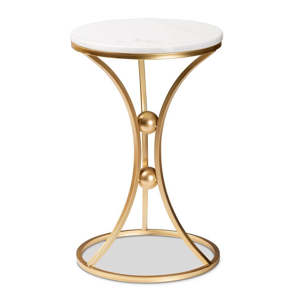 Tarmon Modern and Contemporary Gold Finished Metal End Table with Marble Tabletop FredCo