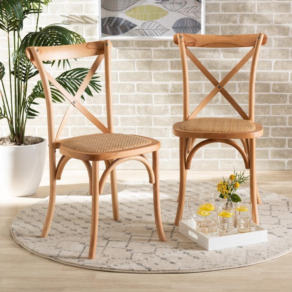 Tartan Mid-Century Modern Brown Woven Rattan and Wood 2-Piece Dining Chair Set FredCo