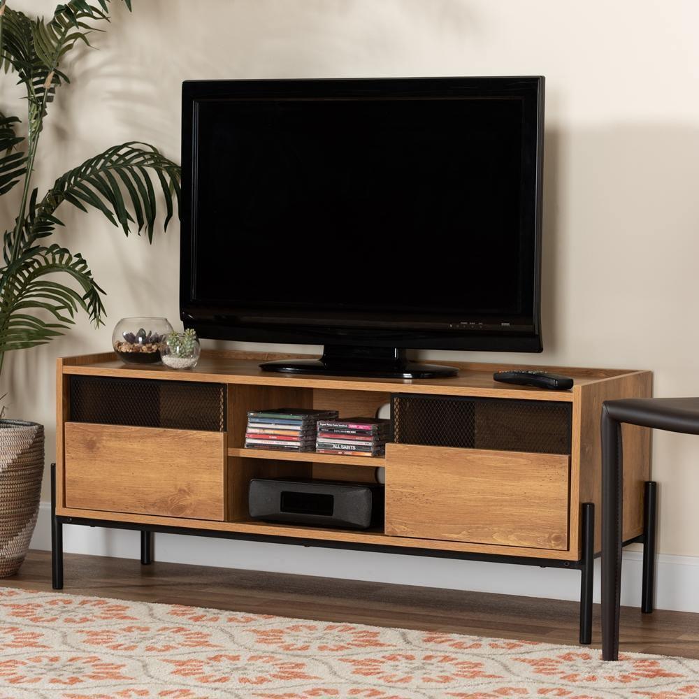 Tasman Modern and Contemporary Industrial Natural Brown Finished Wood and Black Metal 2-Door TV Stand FredCo