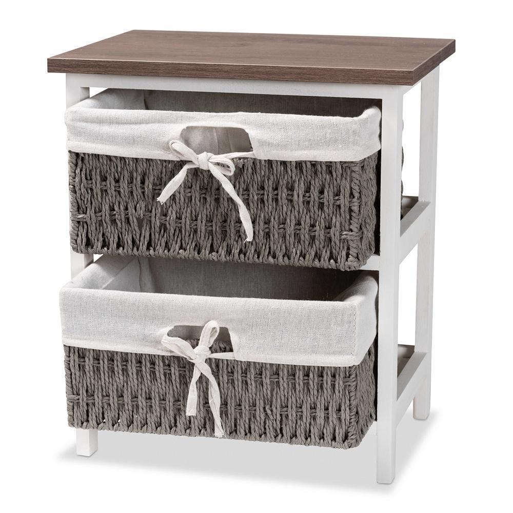 Terena Modern Transitional Two-Tone Walnut Brown and White Finished Wood 2-Basket Storage Unit FredCo