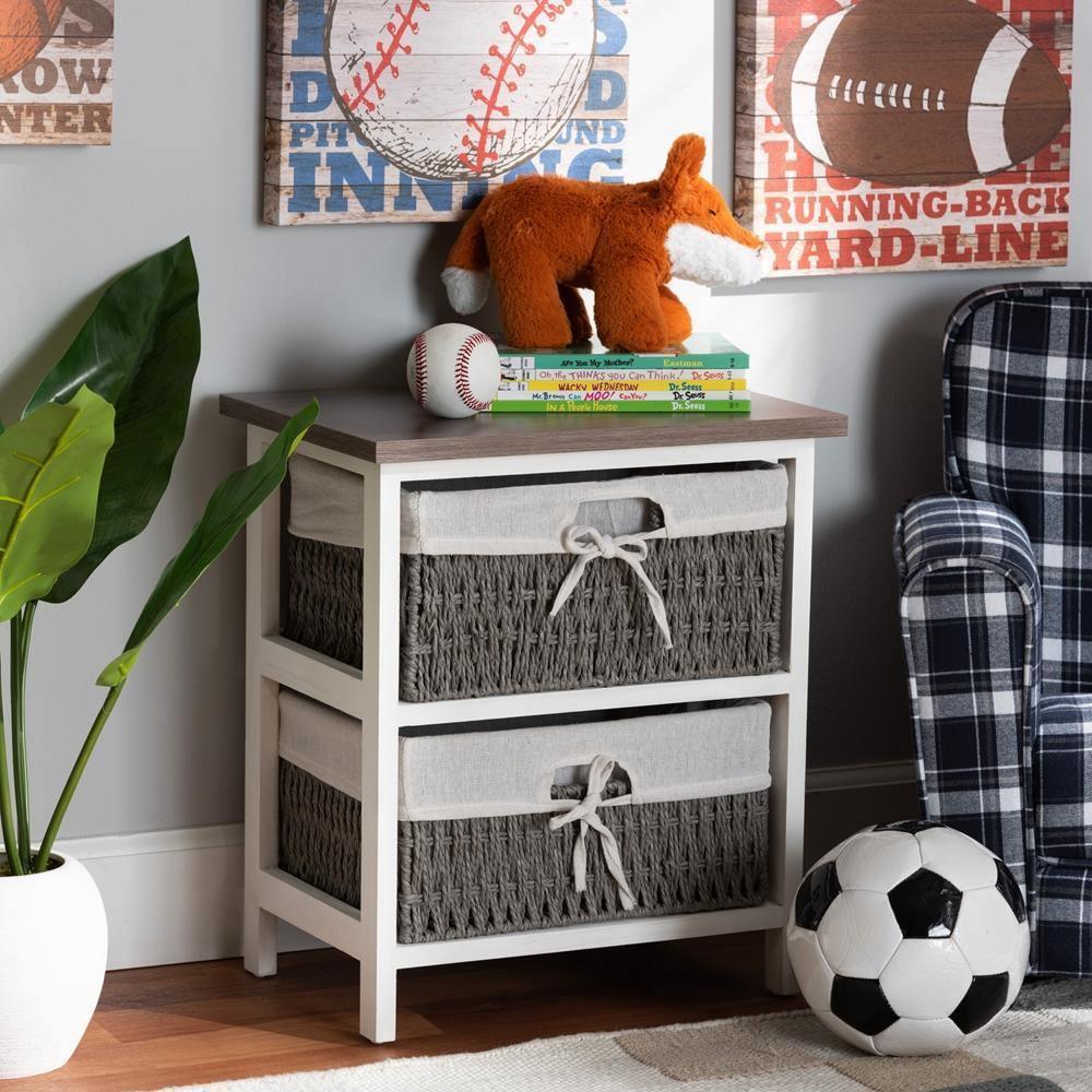 Terena Modern Transitional Two-Tone Walnut Brown and White Finished Wood 2-Basket Storage Unit FredCo