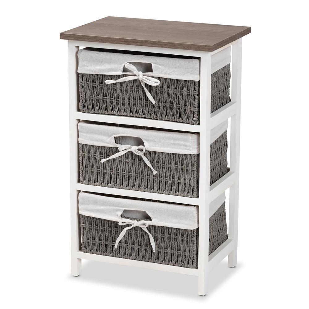 Terena Modern Transitional Two-Tone Walnut Brown and White Finished Wood 3-Basket Storage Unit FredCo
