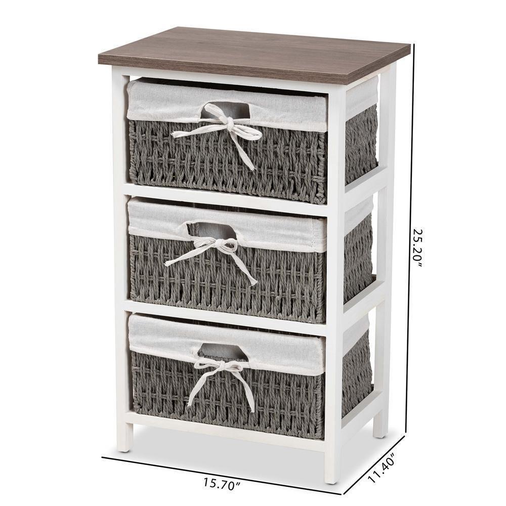 Terena Modern Transitional Two-Tone Walnut Brown and White Finished Wood 3-Basket Storage Unit FredCo