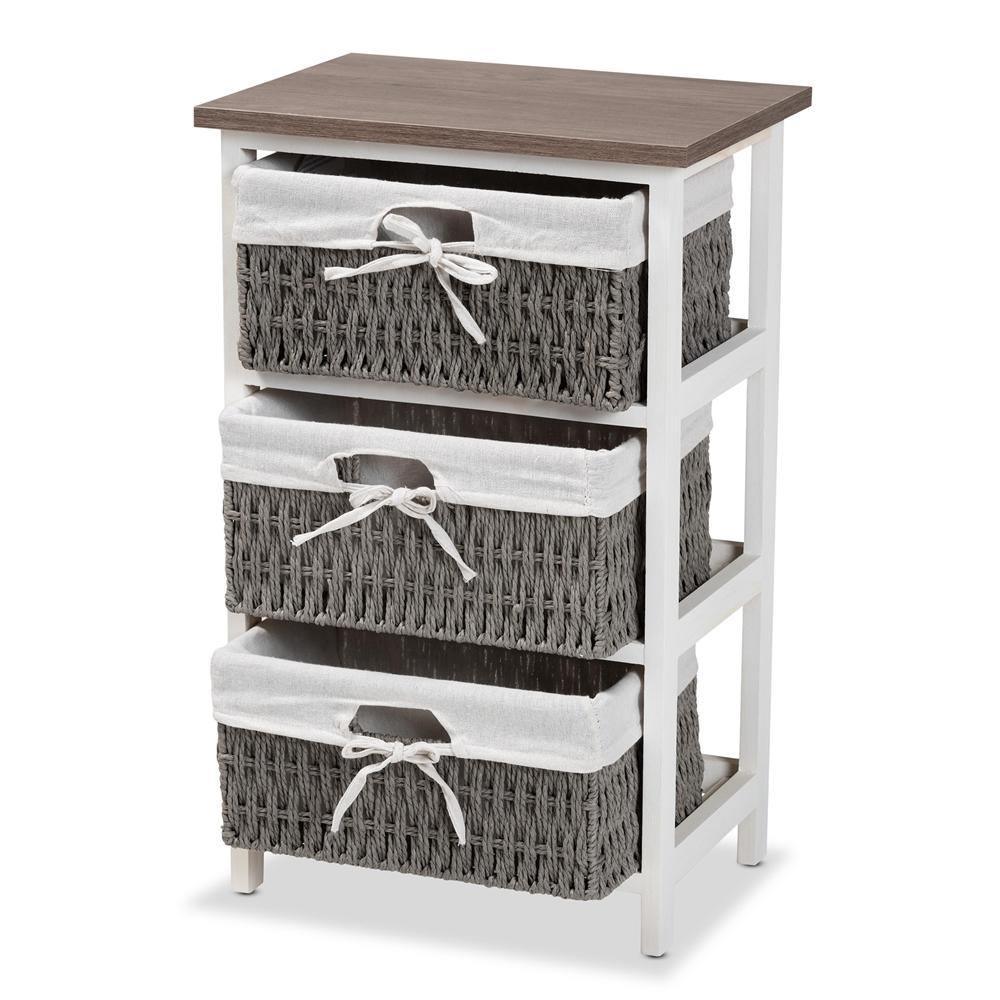 Terena Modern Transitional Two-Tone Walnut Brown and White Finished Wood 3-Basket Storage Unit FredCo