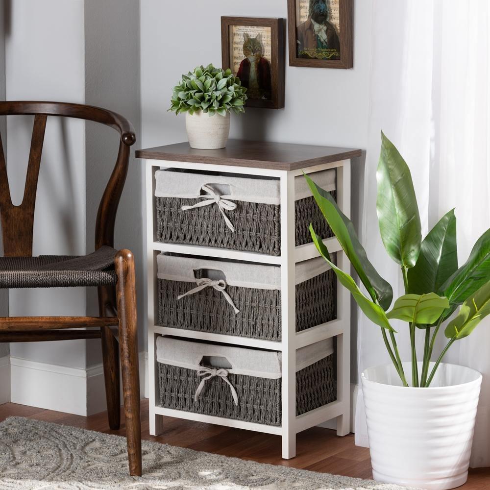 Terena Modern Transitional Two-Tone Walnut Brown and White Finished Wood 3-Basket Storage Unit FredCo