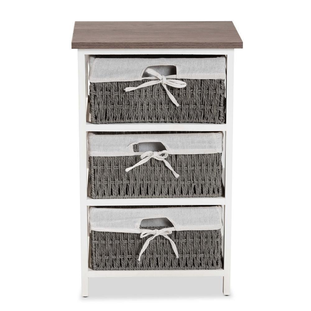 Terena Modern Transitional Two-Tone Walnut Brown and White Finished Wood 3-Basket Storage Unit FredCo