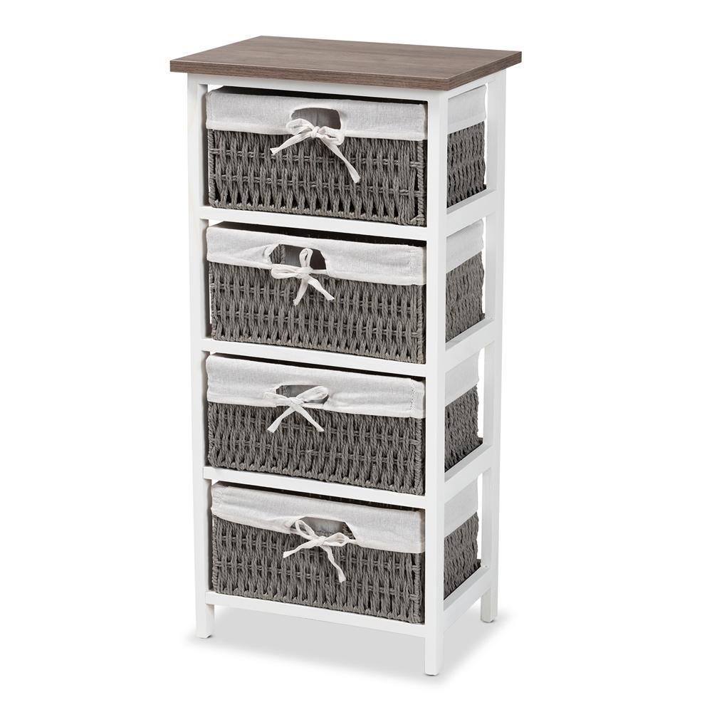 Terena Modern Transitional Two-Tone Walnut Brown and White Finished Wood 4-Basket Storage Unit FredCo