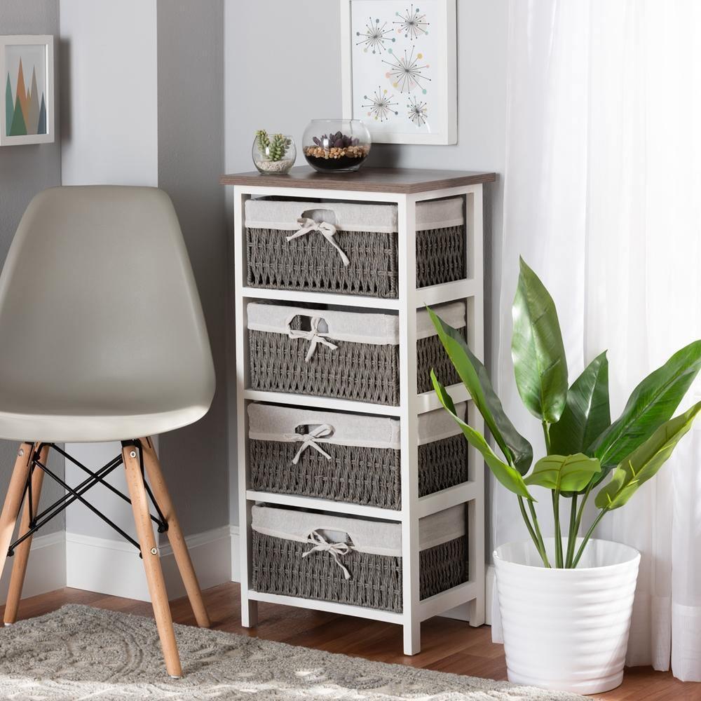 Terena Modern Transitional Two-Tone Walnut Brown and White Finished Wood 4-Basket Storage Unit FredCo