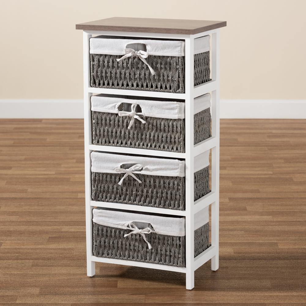 Terena Modern Transitional Two-Tone Walnut Brown and White Finished Wood 4-Basket Storage Unit FredCo
