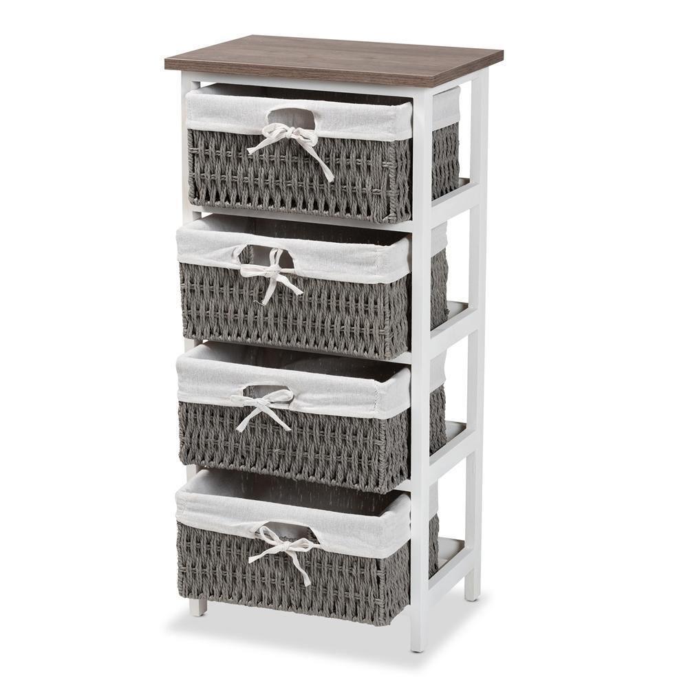 Terena Modern Transitional Two-Tone Walnut Brown and White Finished Wood 4-Basket Storage Unit FredCo