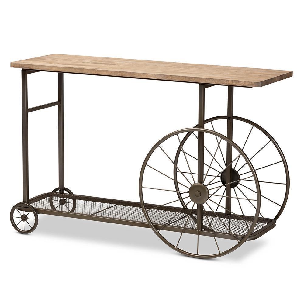 Terence Vintage Rustic Industrial Natural Finished Wood and Black Finished Metal Wheeled Console Table FredCo