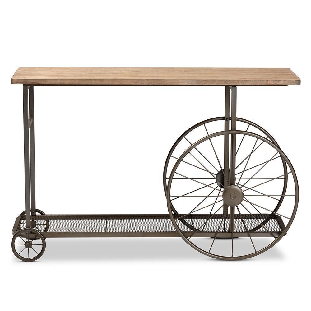 Terence Vintage Rustic Industrial Natural Finished Wood and Black Finished Metal Wheeled Console Table FredCo