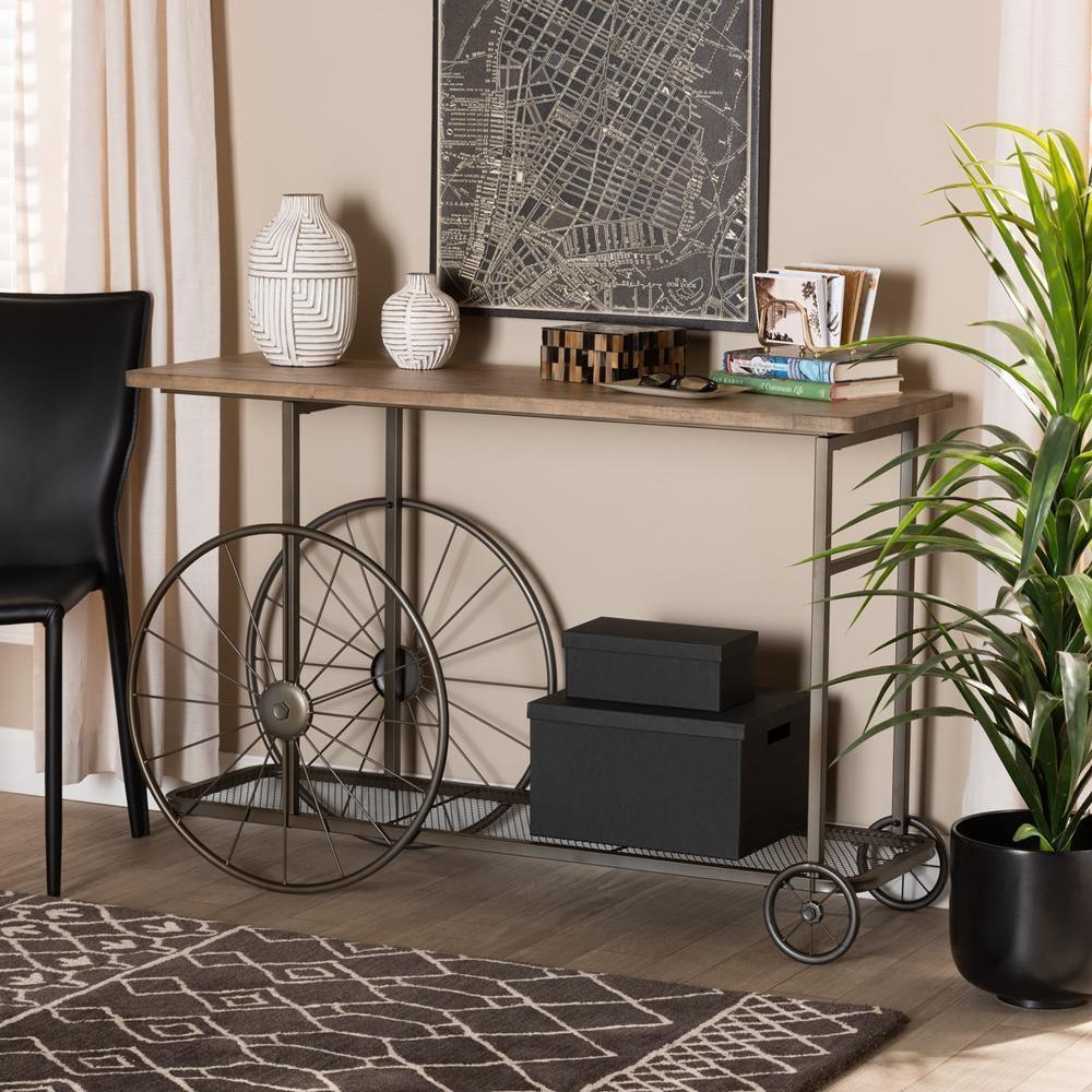 Terence Vintage Rustic Industrial Natural Finished Wood and Black Finished Metal Wheeled Console Table FredCo