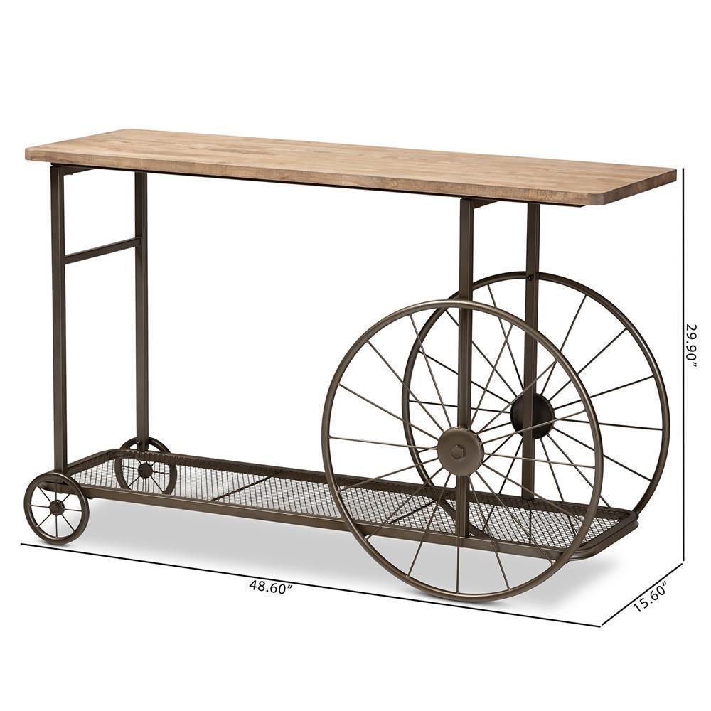 Terence Vintage Rustic Industrial Natural Finished Wood and Black Finished Metal Wheeled Console Table FredCo