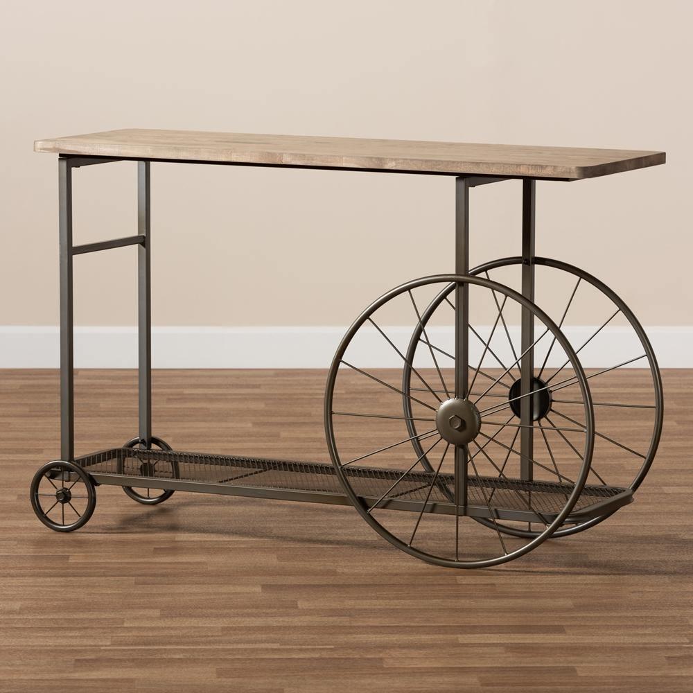 Terence Vintage Rustic Industrial Natural Finished Wood and Black Finished Metal Wheeled Console Table FredCo