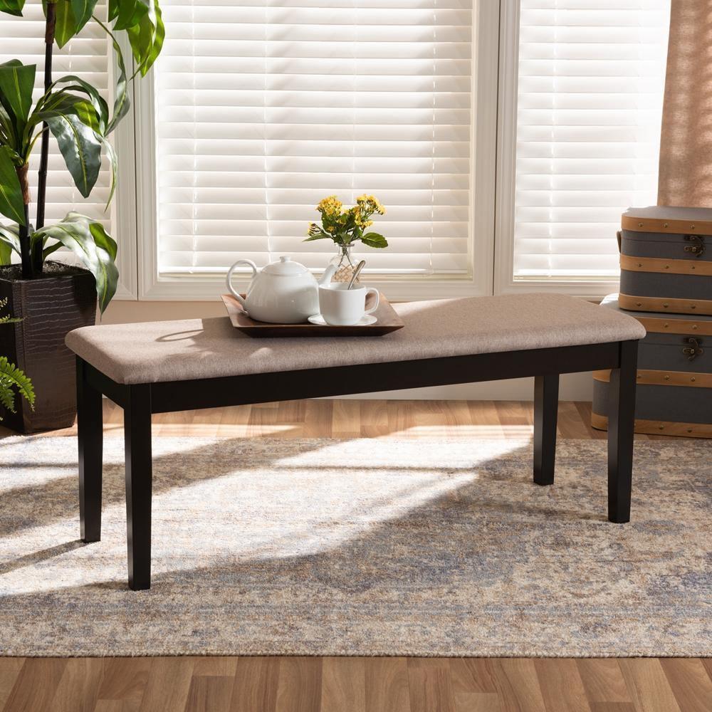 Teresa Modern and Contemporary Transitional Sand Fabric Upholstered and Dark Brown Finished Wood Dining Bench FredCo