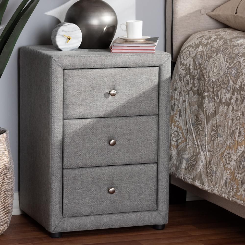 Tessa Modern and Contemporary Grey Fabric Upholstered 3-Drawer Nightstand FredCo
