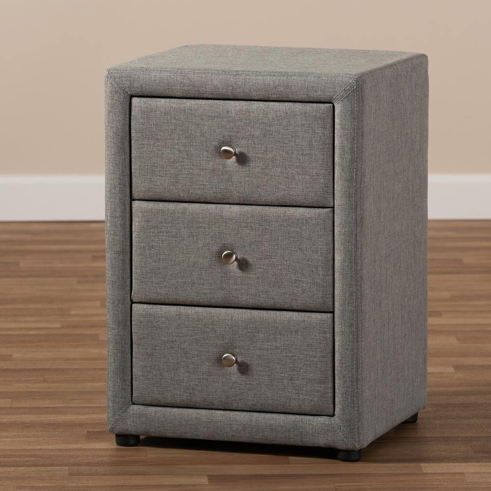 Tessa Modern and Contemporary Grey Fabric Upholstered 3-Drawer Nightstand FredCo