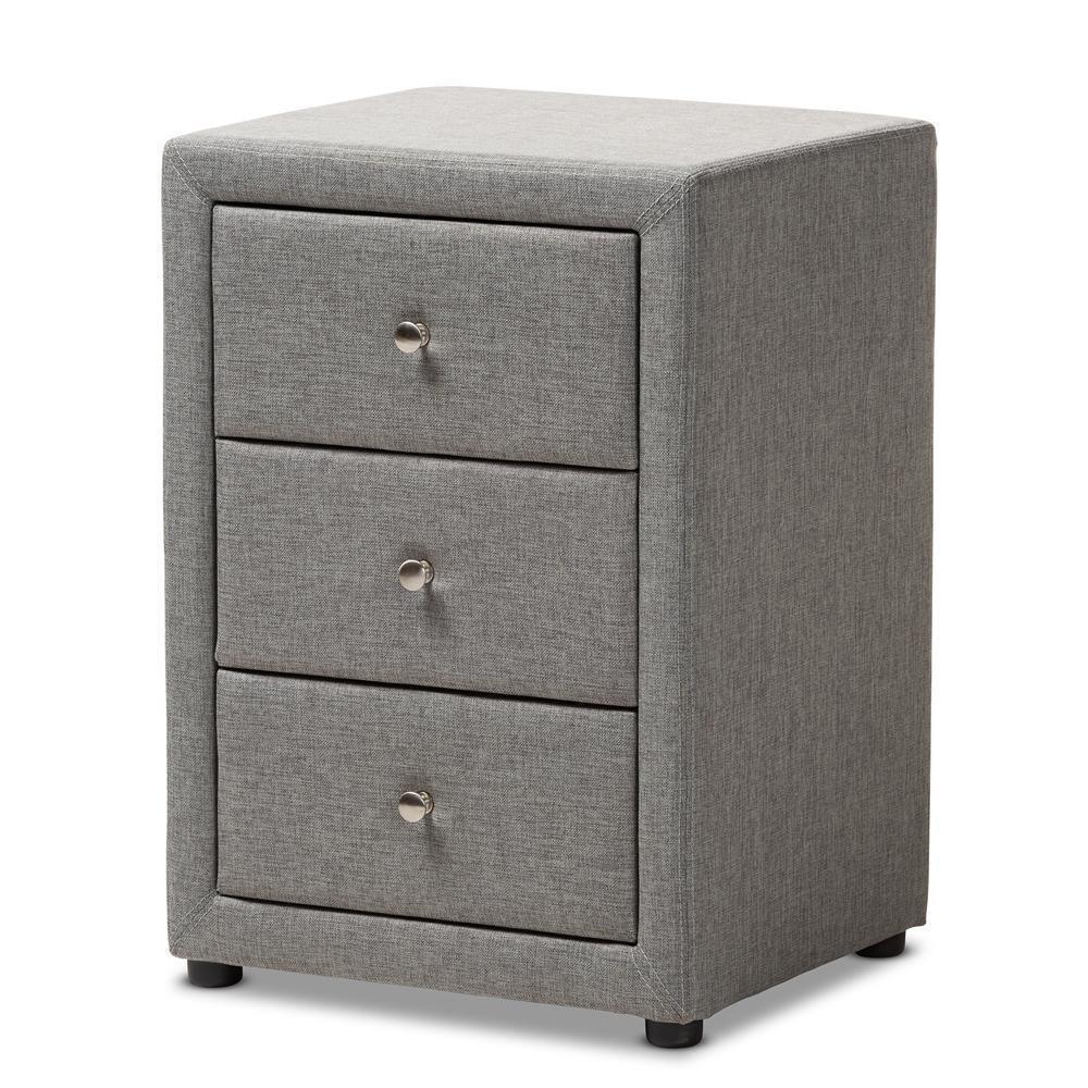 Tessa Modern and Contemporary Grey Fabric Upholstered 3-Drawer Nightstand FredCo
