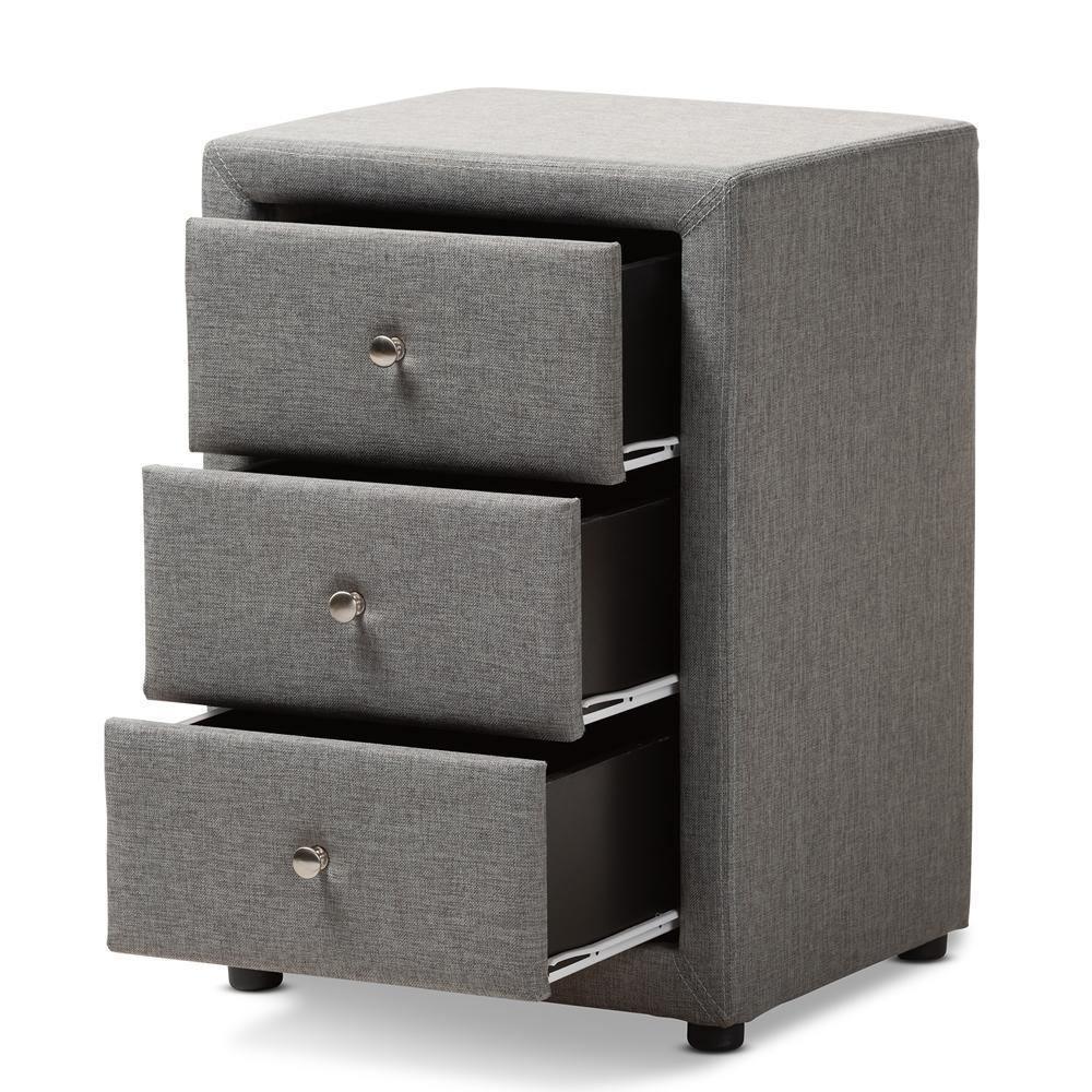 Tessa Modern and Contemporary Grey Fabric Upholstered 3-Drawer Nightstand FredCo