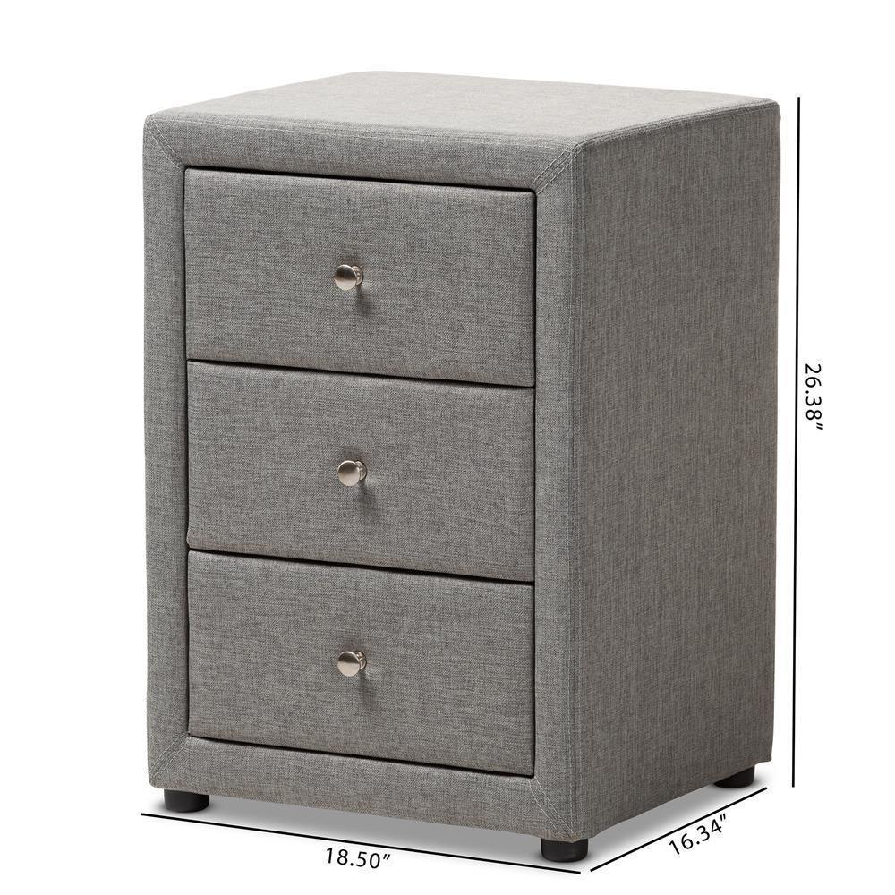Tessa Modern and Contemporary Grey Fabric Upholstered 3-Drawer Nightstand FredCo