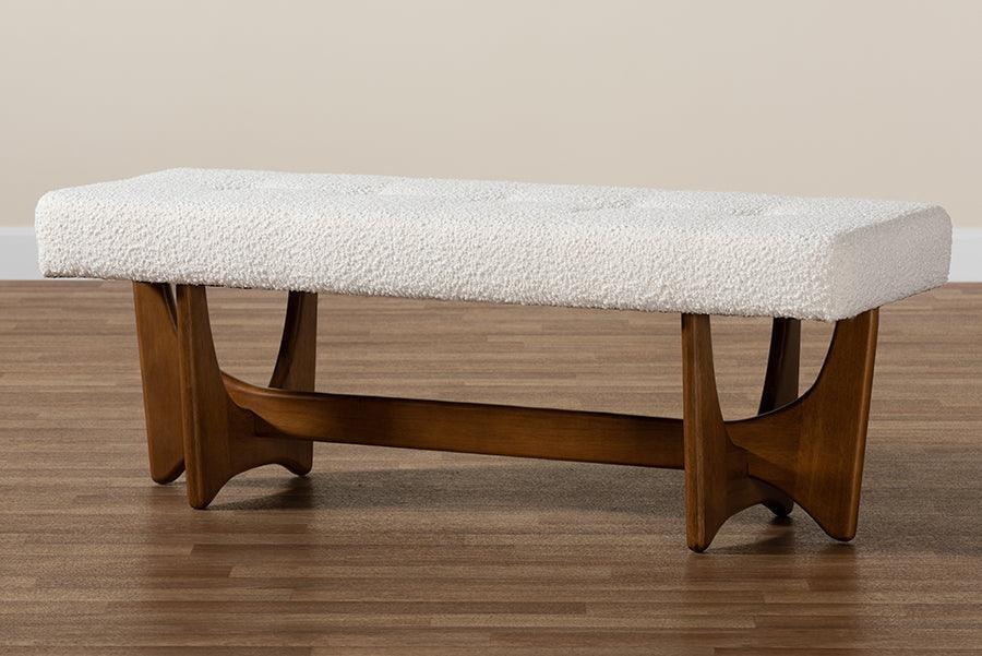 Theo Japandi Cream Boucle Fabric and Walnut Brown Finished Wood Bench FredCo