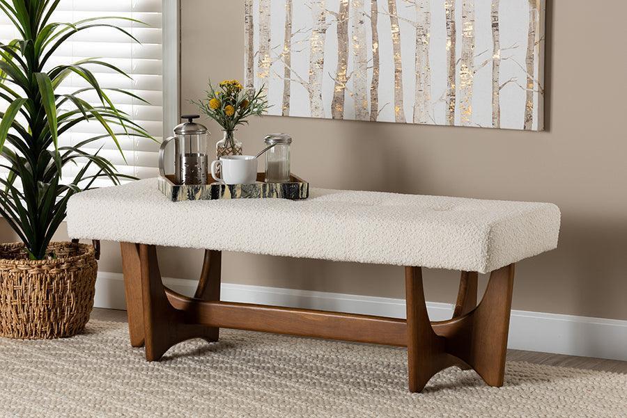 Theo Japandi Cream Boucle Fabric and Walnut Brown Finished Wood Bench FredCo