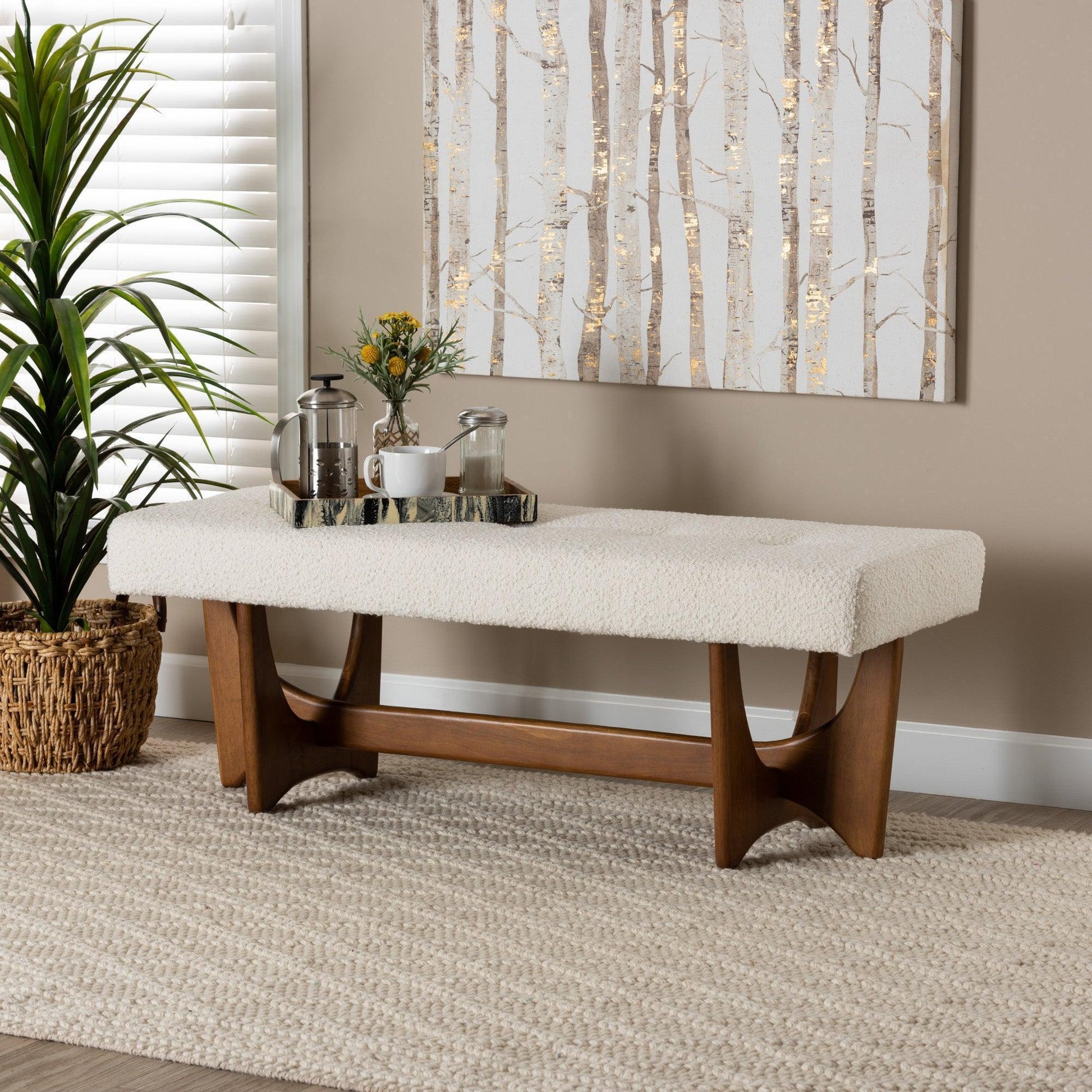 Theo Japandi Cream Boucle Fabric and Walnut Brown Finished Wood Bench FredCo