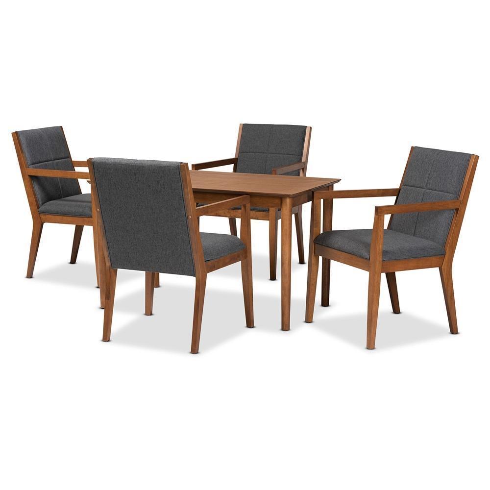 Theresa Mid-Century Modern Dark Grey Fabric Upholstered and Walnut Brown Finished Wood 5-Piece Dining Set FredCo