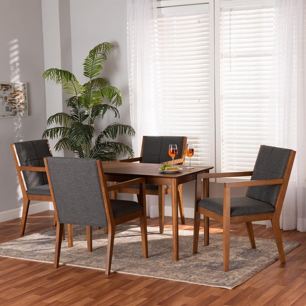 Theresa Mid-Century Modern Dark Grey Fabric Upholstered and Walnut Brown Finished Wood 5-Piece Dining Set FredCo