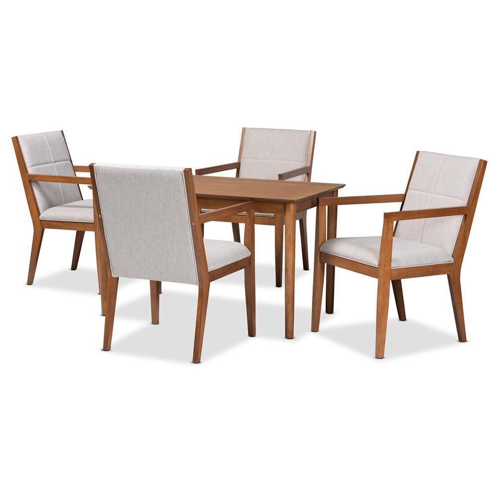 Theresa Mid-Century Modern Greyish Beige Fabric Upholstered and Walnut Brown Finished Wood 5-Piece Dining Set FredCo