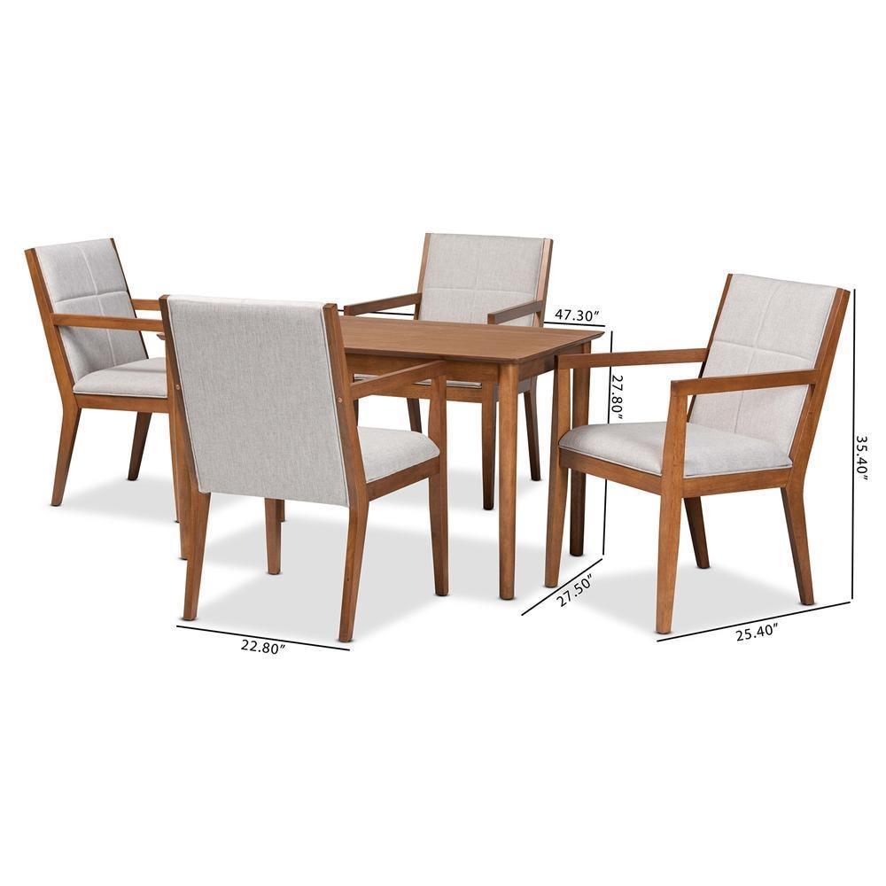 Theresa Mid-Century Modern Greyish Beige Fabric Upholstered and Walnut Brown Finished Wood 5-Piece Dining Set FredCo