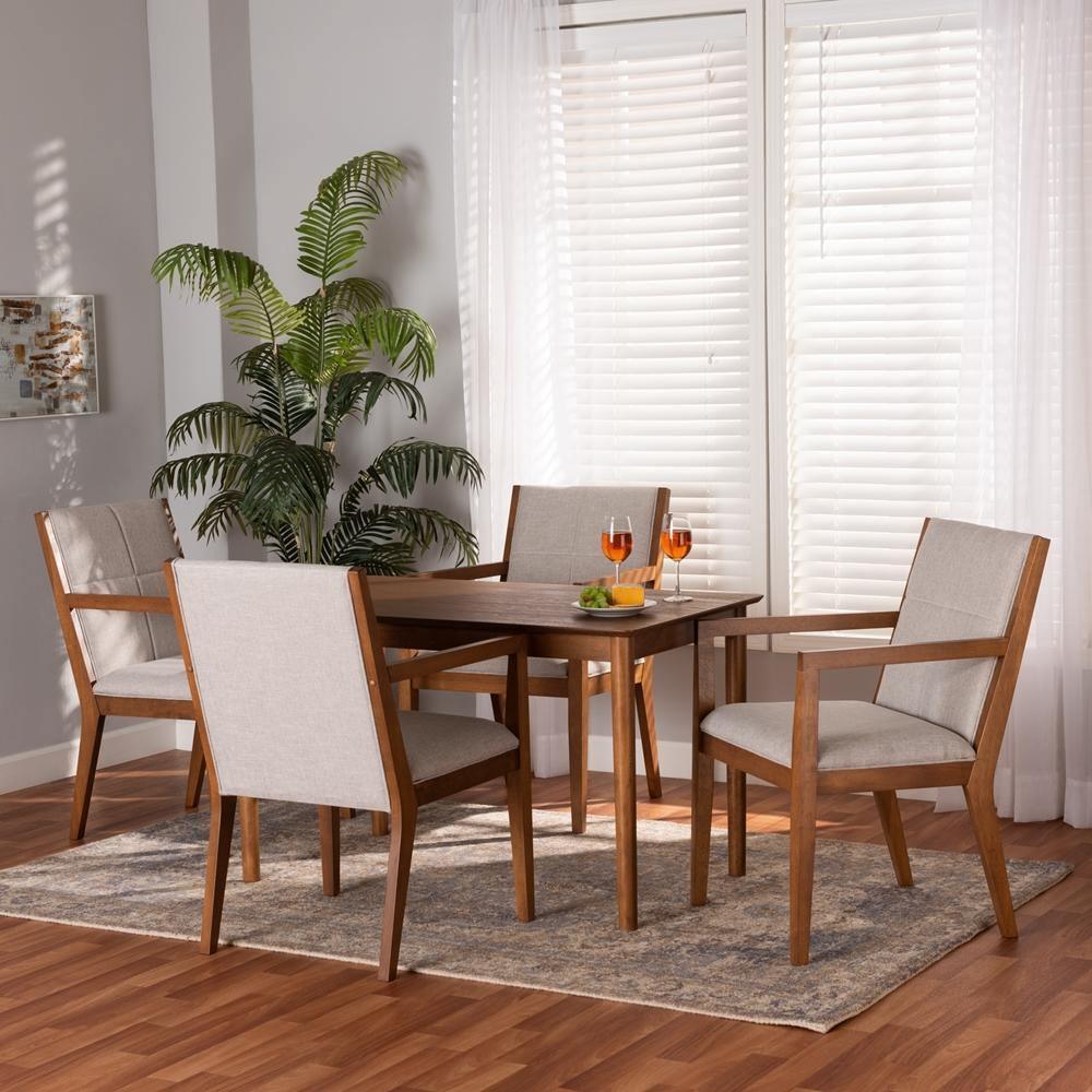 Theresa Mid-Century Modern Greyish Beige Fabric Upholstered and Walnut Brown Finished Wood 5-Piece Dining Set FredCo