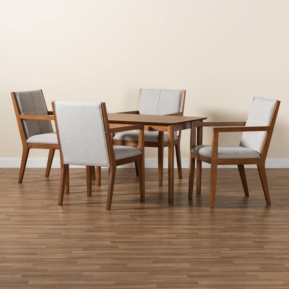 Theresa Mid-Century Modern Greyish Beige Fabric Upholstered and Walnut Brown Finished Wood 5-Piece Dining Set FredCo