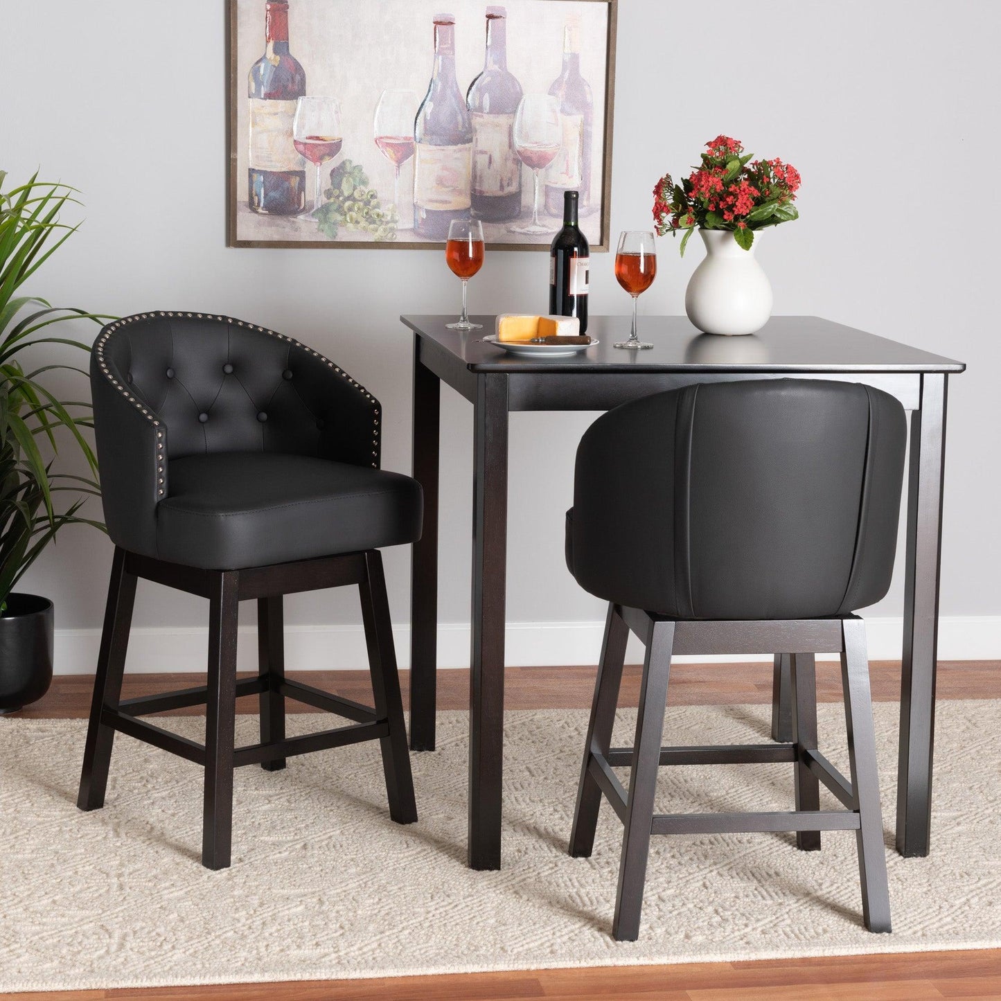 Theron Mid-Century Transitional Black Faux Leather and Espresso Brown Finished Wood 2-Piece Swivel Counter Stool Set FredCo