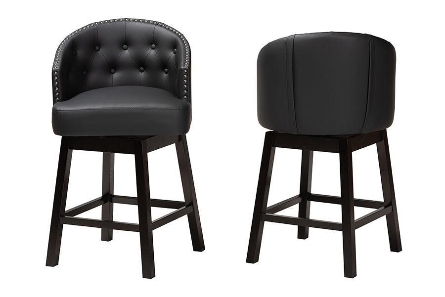 Theron Mid-Century Transitional Black Faux Leather and Espresso Brown Finished Wood 2-Piece Swivel Counter Stool Set FredCo