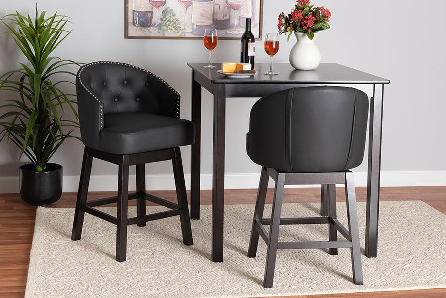Theron Mid-Century Transitional Black Faux Leather and Espresso Brown Finished Wood 2-Piece Swivel Counter Stool Set FredCo