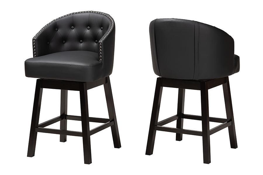 Theron Mid-Century Transitional Black Faux Leather and Espresso Brown Finished Wood 2-Piece Swivel Counter Stool Set FredCo