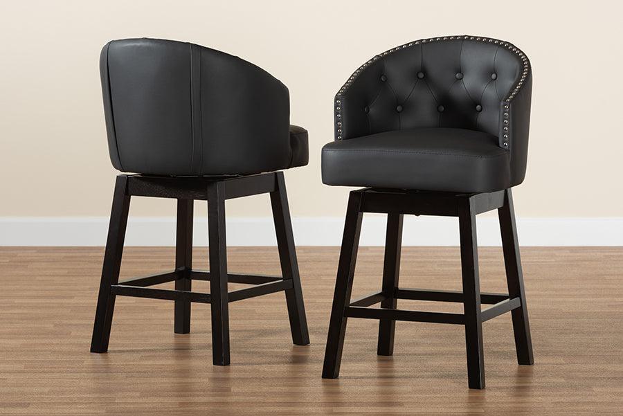 Theron Mid-Century Transitional Black Faux Leather and Espresso Brown Finished Wood 2-Piece Swivel Counter Stool Set FredCo