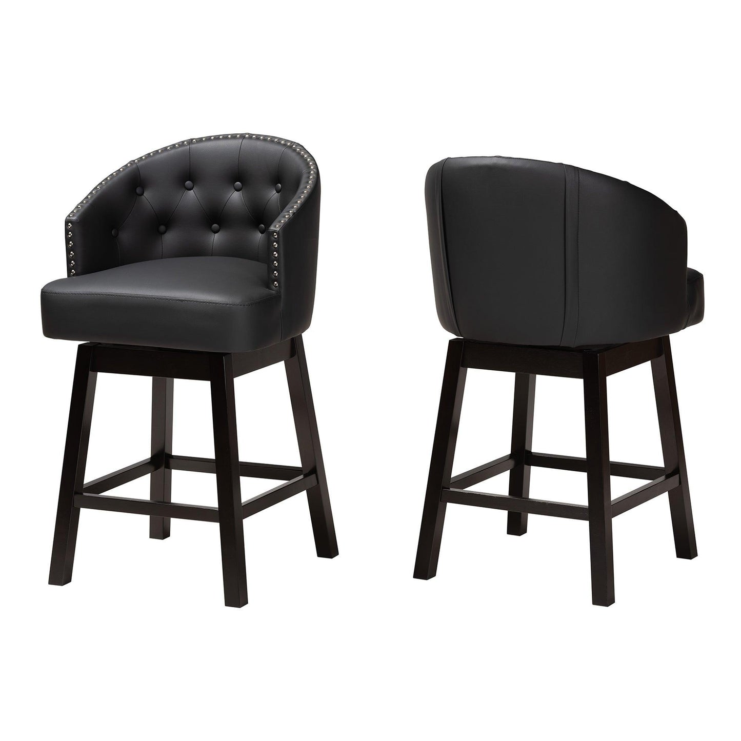 Theron Mid-Century Transitional Black Faux Leather and Espresso Brown Finished Wood 2-Piece Swivel Counter Stool Set FredCo