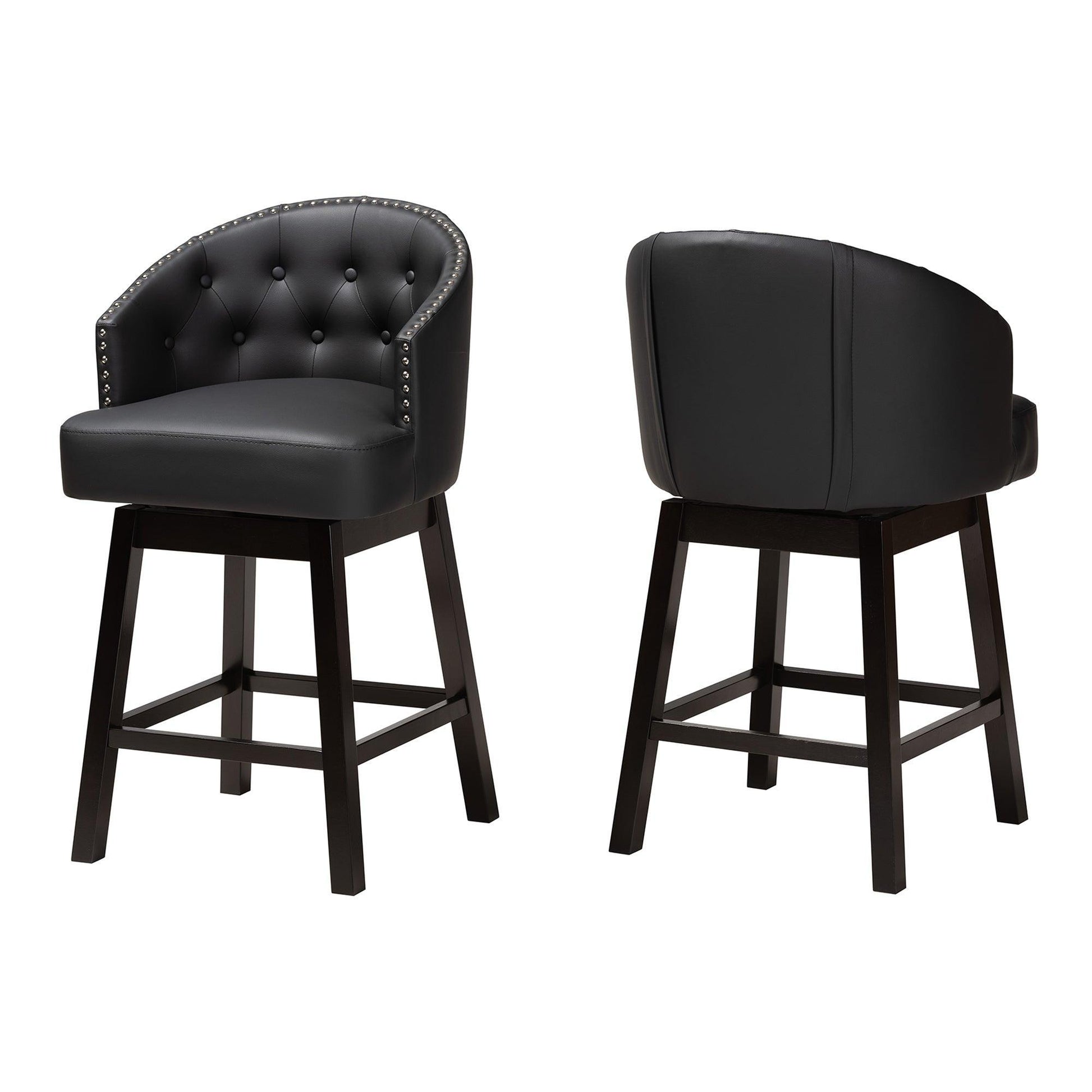 Theron Mid-Century Transitional Black Faux Leather and Espresso Brown Finished Wood 2-Piece Swivel Counter Stool Set FredCo