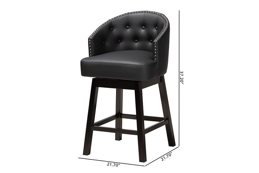 Theron Mid-Century Transitional Black Faux Leather and Espresso Brown Finished Wood 2-Piece Swivel Counter Stool Set FredCo