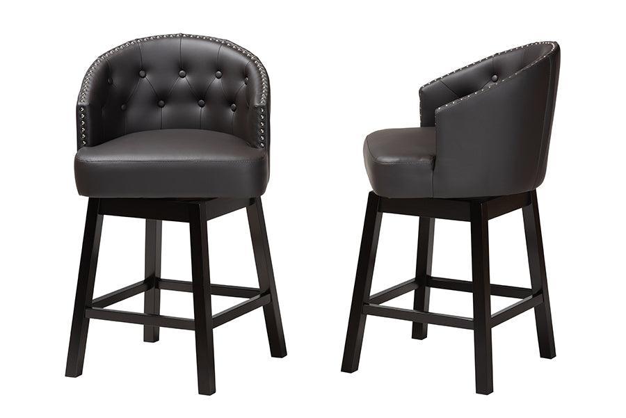 Theron Mid-Century Transitional Dark Brown Faux Leather and Espresso Brown Finished Wood 2-Piece Swivel Counter Stool Set FredCo